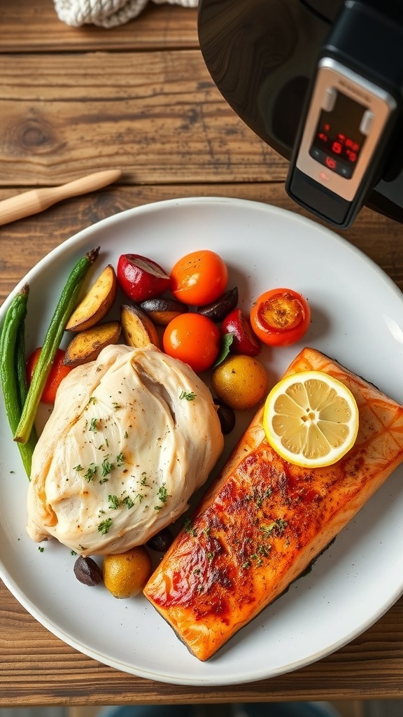 A single serving of air fryer meals including chicken, vegetables, and salmon on a rustic table.